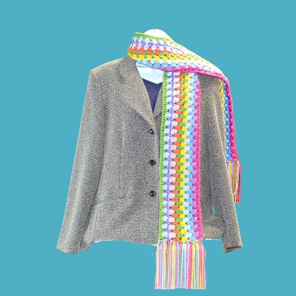Bold Colorful Hand Crocheted Scarf with Fringe | Winter Accessory for Cozy Style - Picture 2 of 7
